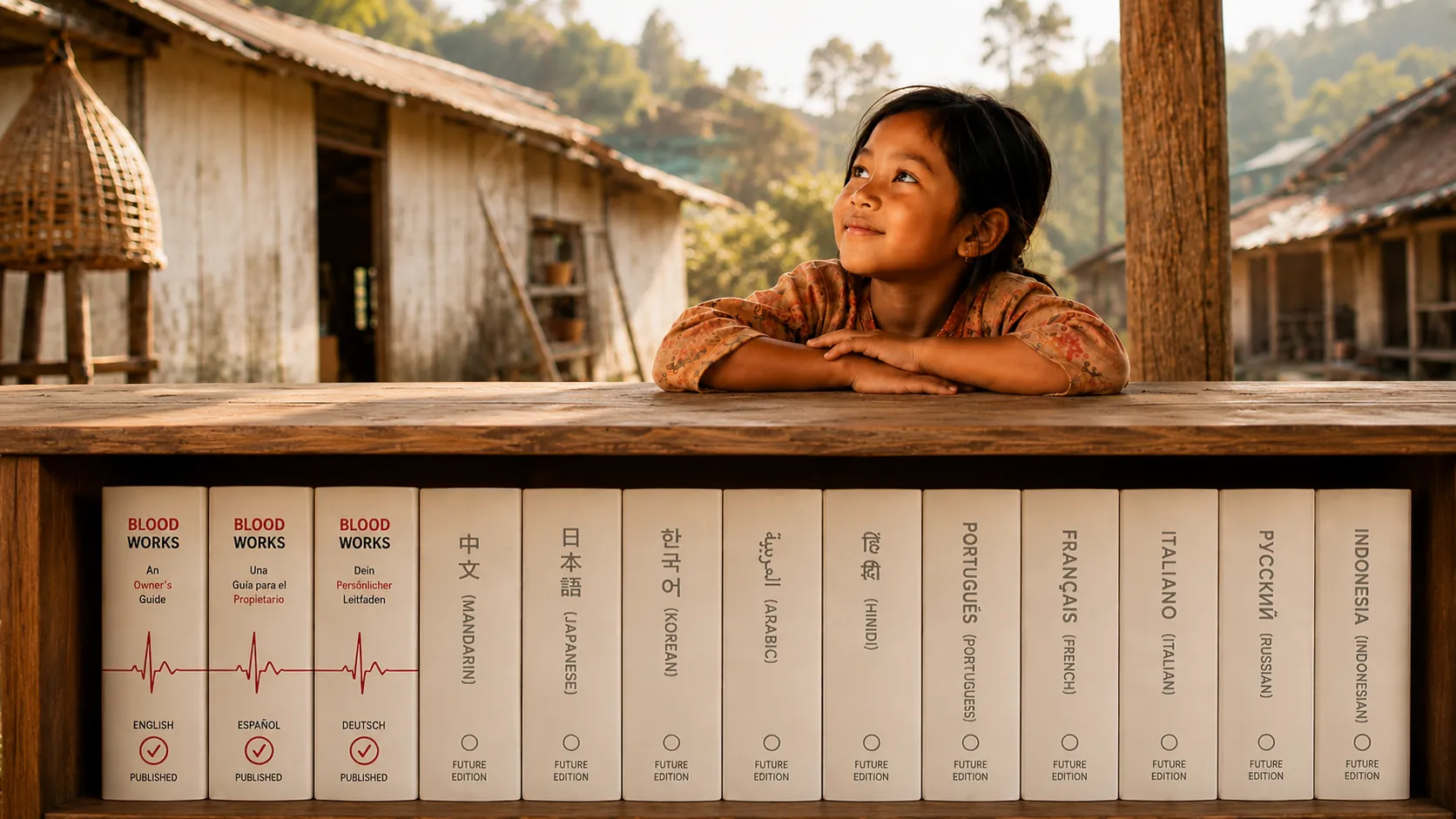 A young girl rests her chin on her arms above a shelf of thirteen Blood Works editions — three published, ten still to come — outside a rural village home.