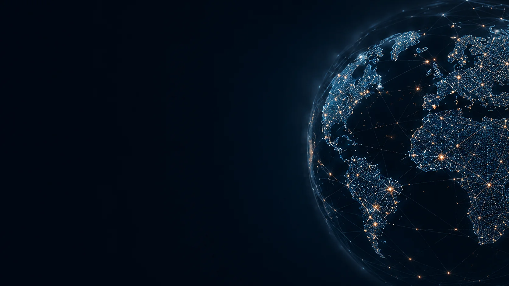 An illuminated digital globe showing a connected world at night.