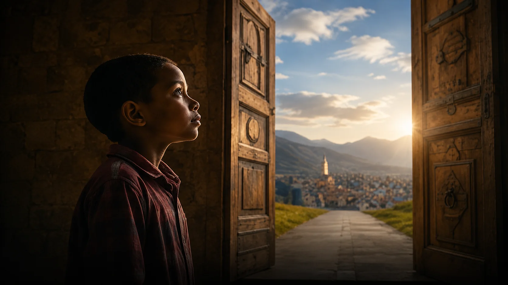 A boy looks out through an open wooden door toward a sunlit village.