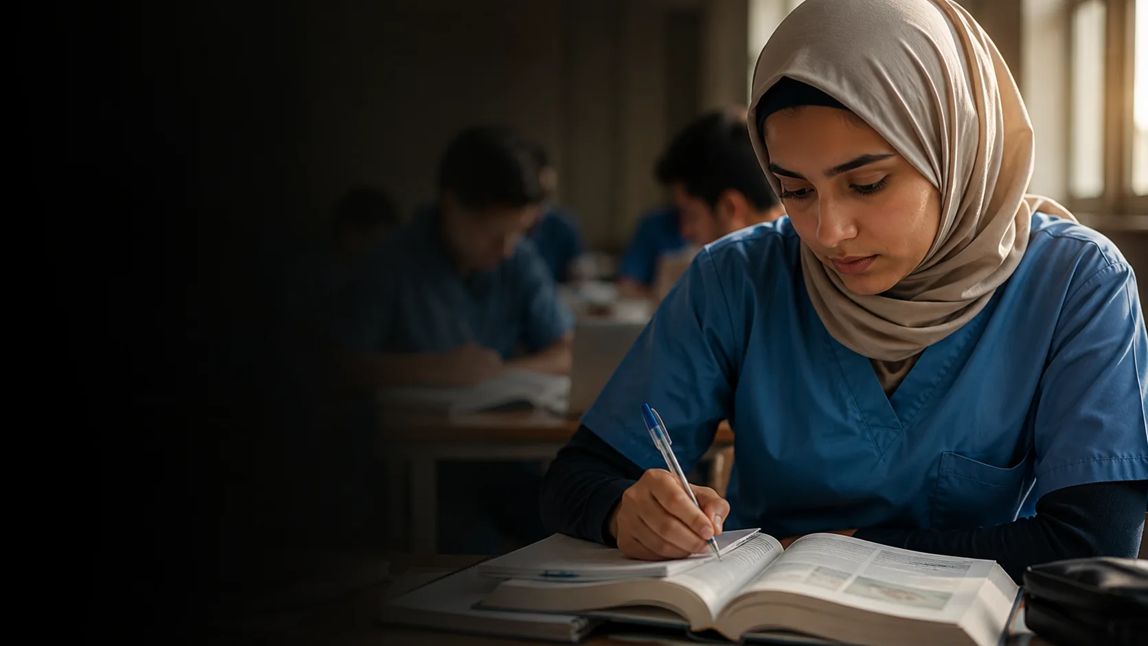 A medical student takes notes from a textbook in a lecture hall.