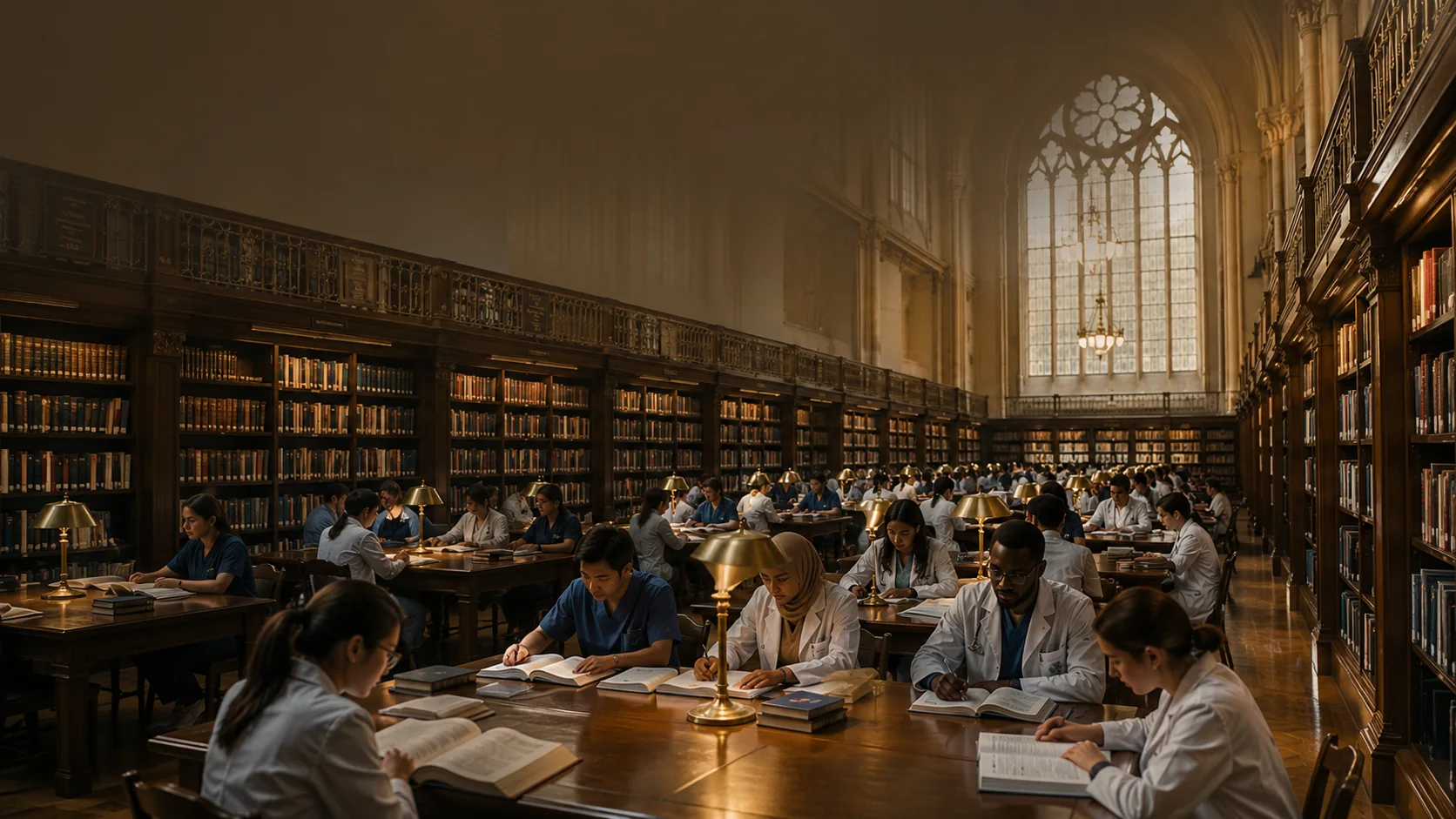 Clinicians and students study together in a university library.